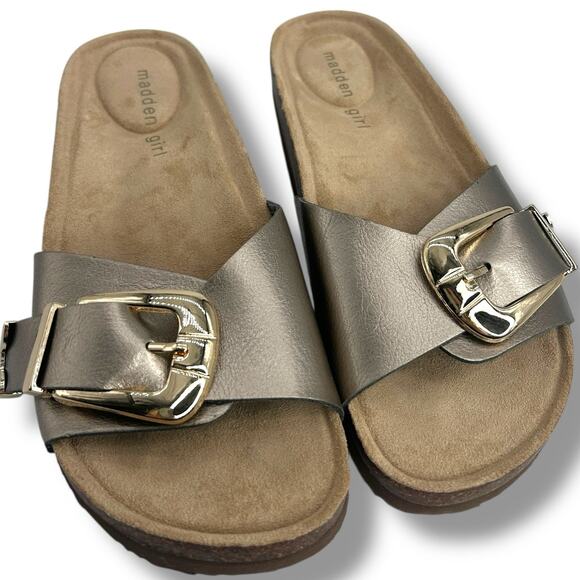 NEW Madden Girl Brookk Buckled Footbed Slides Size 6.5 Metallic Taupe Sandals - Picture 2 of 10
